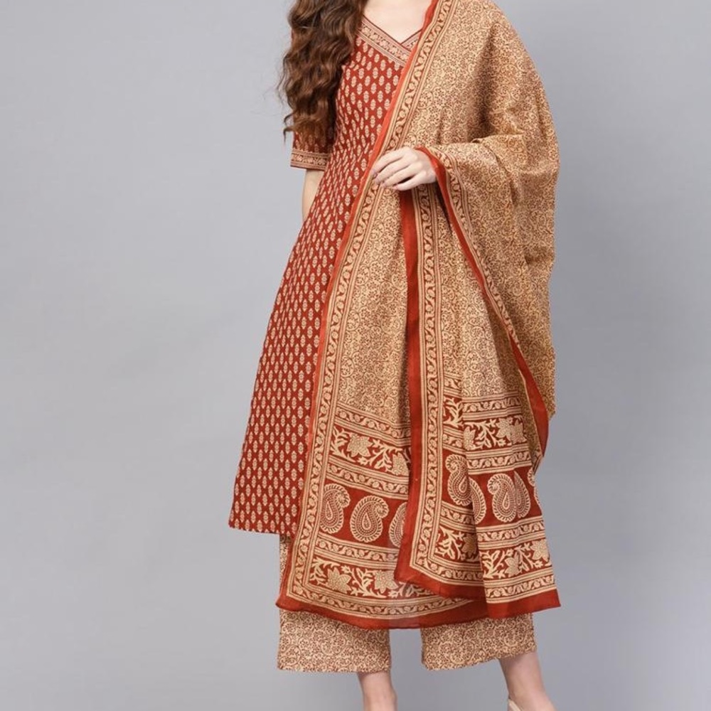 Indo Era Maroon & Beige Printed Anghrakha Kurta with Plazzos & Dupatta - Picture 12 of 14